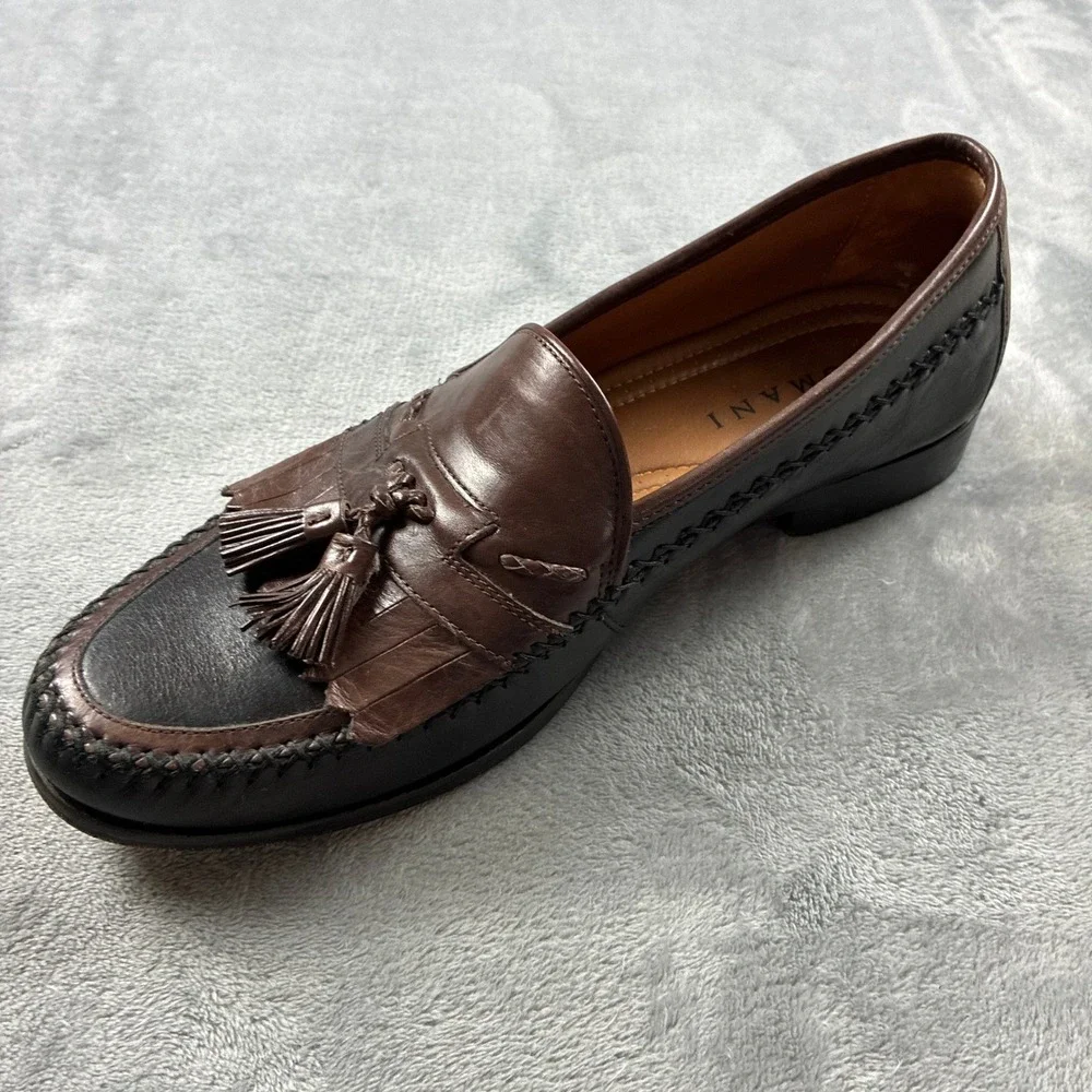 Domani Mens 11M Two Tone Brown Black Leather Tassel Kiltie Loafers India Preppy